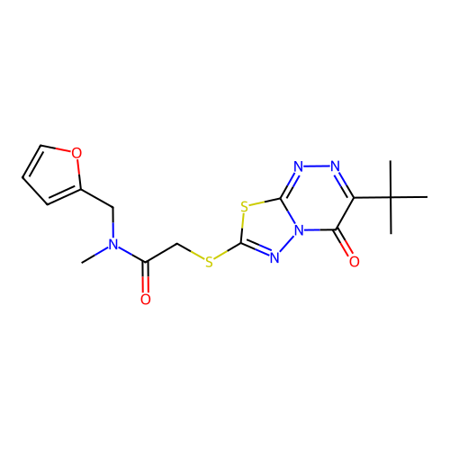 2-[(3-tert-butyl-4-oxo-[1,3,4]thiadiazolo[2,3-c][1,2,4]triazin-7-yl)sulfanyl]-N-(furan-2-ylmethyl)-N-methylacetamide structure
