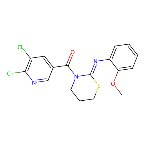 3-(5,6-dichloropyridine-3-carbonyl)-N-(2-methoxyphenyl)-1,3-thiazinan-2-imine structure