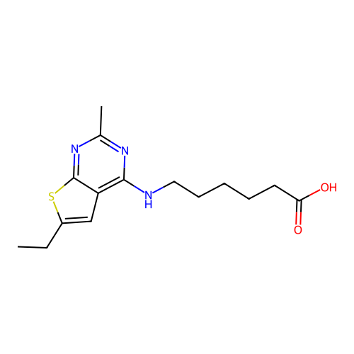 6-({6-Ethyl-2-methylthieno[2,3-D]pyrimidin-4-YL}amino)hexanoic acid structure