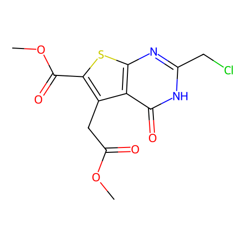 methyl 2-(chloromethyl)-5-(2-methoxy-2-oxoethyl)-4-oxo-3,4-dihydrothieno[2,3-d]pyrimidine-6-carboxylate structure