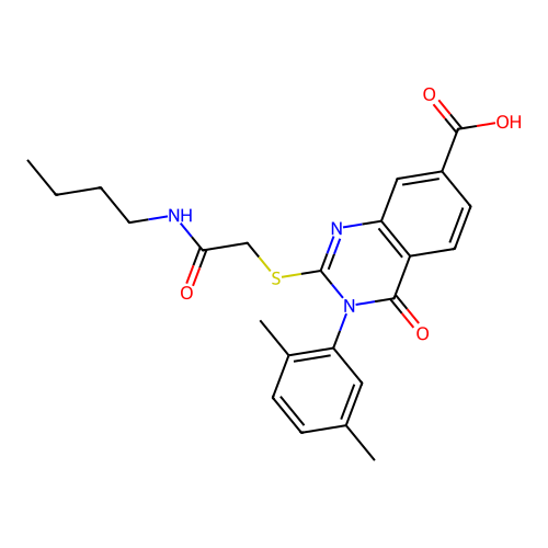 2-[[2-(Butylamino)-2-oxoethyl]thio]-3-(2,5-dimethylphenyl)-3,4-dihydro-4-oxo-7-quinazolinecarboxylic acid structure