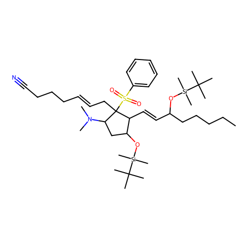 (E)-7-[1-(benzenesulfonyl)-3-[tert-butyl(dimethyl)silyl]oxy-2-[(E)-3-[tert-butyl(dimethyl)silyl]oxyoct-1-enyl]-5-(dimethylamino)cyclopentyl]hept-5-enenitrile structure
