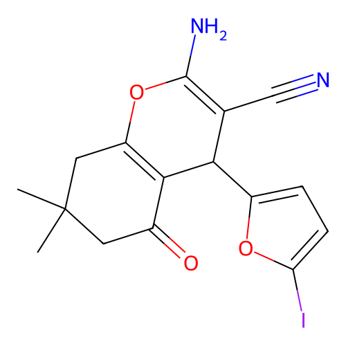 2-amino-4-(5-iodofuran-2-yl)-7,7-dimethyl-5-oxo-6,8-dihydro-4H-chromene-3-carbonitrile structure