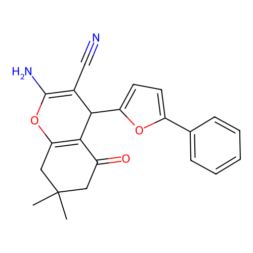 2-amino-7,7-dimethyl-5-oxo-4-(5-phenylfuran-2-yl)-5,6,7,8-tetrahydro-4H-chromene-3-carbonitrile structure