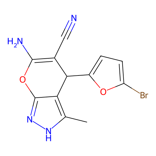 6-Amino-4-(5-bromo-2-furanyl)-1,4-dihydro-3-methylpyrano[2,3-c]pyrazole-5-carbonitrile structure