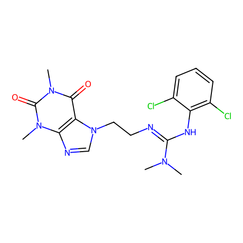 Theophylline, 7-(2-(2-(2,6-dichlorophenyl)-3,3-dimethylguanidino)ethyl)-, hydrochloride structure