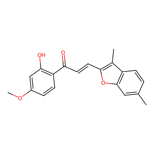 (E)-3-(3,6-dimethylbenzofuran-2-yl)-1-(2-hydroxy-4-methoxyphenyl)prop-2-en-1-one structure