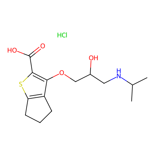 4H-Cyclopenta(b)thiophene-2-carboxylic acid, 5,6-dihydro-3-(2-hydroxy-3-((1-methylethyl)amino)propoxy)-, hydrochloride structure