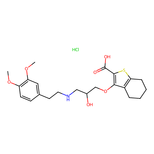 Benzo(b)thiophene-2-carboxylic acid, 4,5,6,7-tetrahydro-3-(3-((2-(3,4-dimethoxyphenyl)ethyl)amino)-2-hydroxypropoxy)-, hydrochloride structure