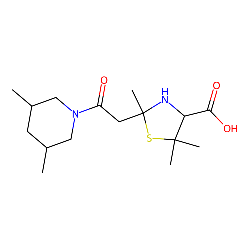 2-(2-(3,5-Dimethyl-1-piperidinyl)-2-oxoethyl)-2,5,5-trimethyl-4-thiazolidinecarboxylic acid structure
