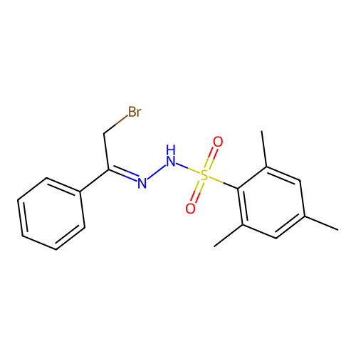 N-[(2-Bromo-1-phenyl-ethylidene)amino]-2,4,6-trimethyl-benzenesulfonamide structure