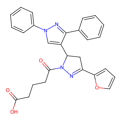 5-(5-(furan-2-yl)-1',3'-diphenyl-3,4-dihydro-1'H,2H-[3,4'-bipyrazol]-2-yl)-5-oxopentanoic acid structure