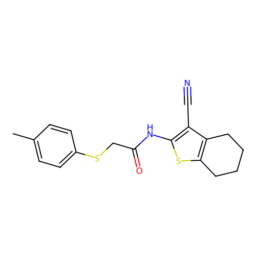 N-(3-cyano-4,5,6,7-tetrahydrobenzo[b]thiophen-2-yl)-2-(p-tolylthio)acetamide structure