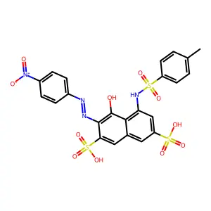 4-Hydroxy-3-((4-nitrophenyl)azo)-5-(((p-tolyl)sulphonyl)amino)naphthalene-2,7-disulphonic acid structure