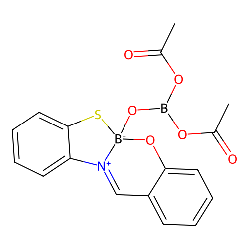 (Diacetyl hydrogenato-kappaO borate)[2-({[2-(sulfanyl-kappaS)phenyl]imino-kappaN}methyl)phenolato(2-)-kappaO]boron structure