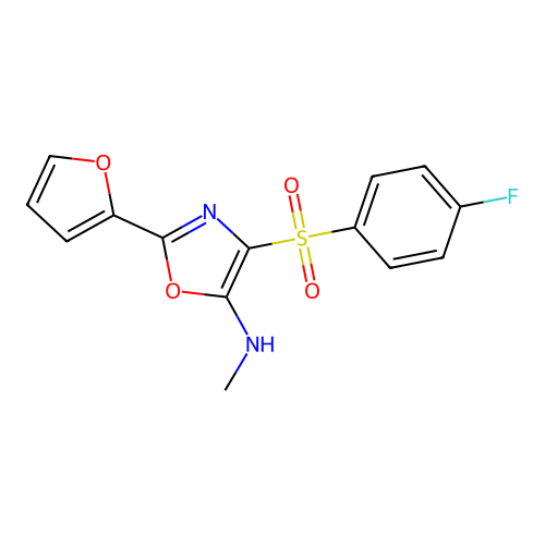 4-((4-fluorophenyl)sulfonyl)-2-(furan-2-yl)-N-methyloxazol-5-amine structure