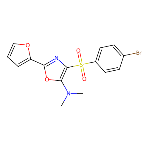 4-((4-bromophenyl)sulfonyl)-2-(furan-2-yl)-N,N-dimethyloxazol-5-amine structure
