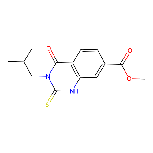 Methyl 3-(2-methylpropyl)-4-oxo-2-sulfanyl-3,4-dihydroquinazoline-7-carboxylate structure