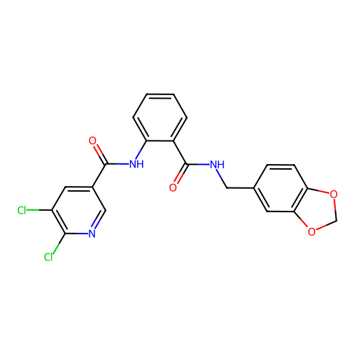 N-(2-{[(1,3-dioxaindan-5-yl)methyl]carbamoyl}phenyl)-5,6-dichloropyridine-3-carboxamide structure