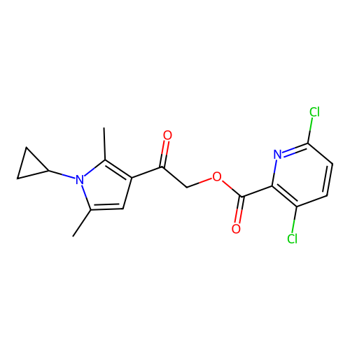 2-(1-cyclopropyl-2,5-dimethyl-1H-pyrrol-3-yl)-2-oxoethyl 3,6-dichloropyridine-2-carboxylate structure