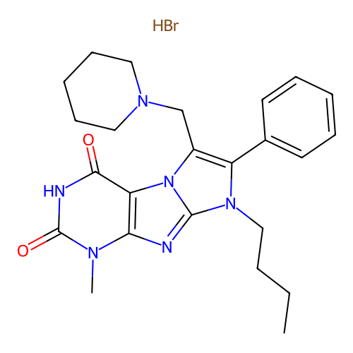 1-n-Butyl-2-phenyl-3-N-piperidinomethyl-8-methylimidazo(1,2-f)xanthine hydrobromide structure