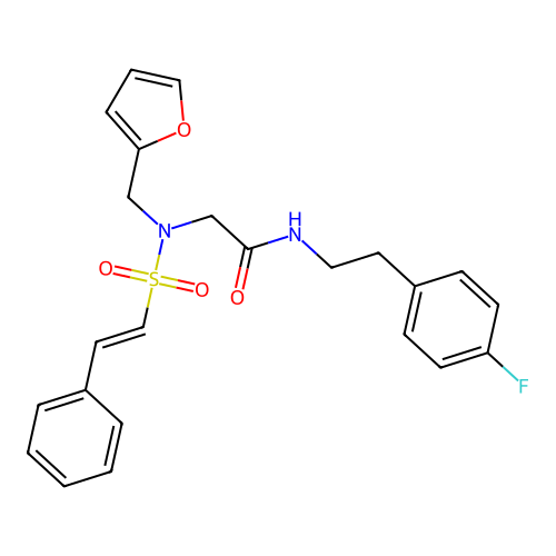 N-[2-(4-fluorophenyl)ethyl]-2-(2-furylmethyl-(2-phenylethenylsulfonyl)amino)acetamide structure