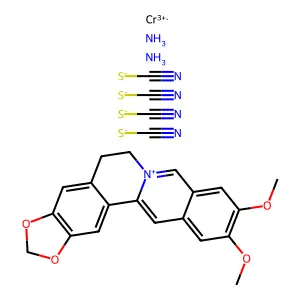 Benzo(g)-1,3-benzodioxolo(5,6-a)quinolizinium, 5,6-dihydro-9,10-dimethoxy-, (OC-6-11)-diamminetetrakis(thiocyanato-N)chromate(1-) structure