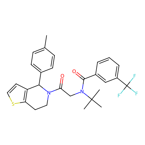 N-tert-butyl-N-[2-[4-(4-methylphenyl)-6,7-dihydro-4H-thieno[3,2-c]pyridin-5-yl]-2-oxoethyl]-3-(trifluoromethyl)benzamide structure