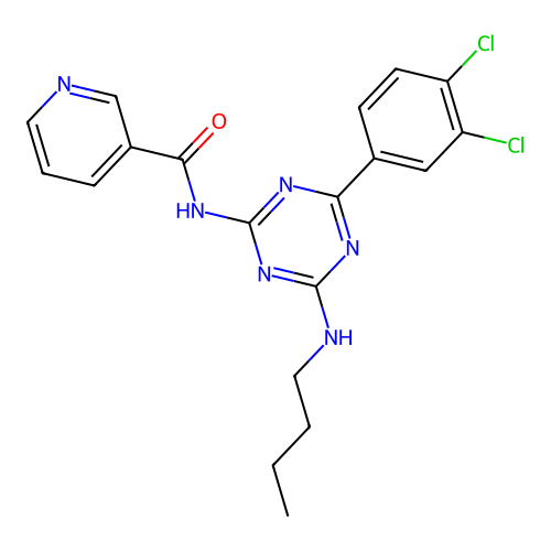3-Pyridinecarboxamide, N-(4-(butylamino)-6-(3,4-dichlorophenyl)-1,3,5-triazin-2-yl)- structure