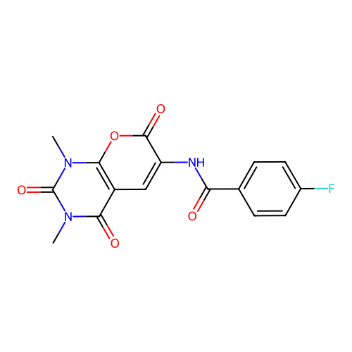N-(1,3-dimethyl-2,4,7-trioxopyrano[2,3-d]pyrimidin-6-yl)-4-fluorobenzamide structure