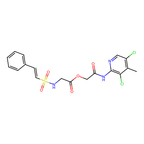 (3,5-dichloro-4-methyl-pyridin-2-yl)carbamoylmethyl 2-(2-phenylethenylsulfonylamino)acetate structure