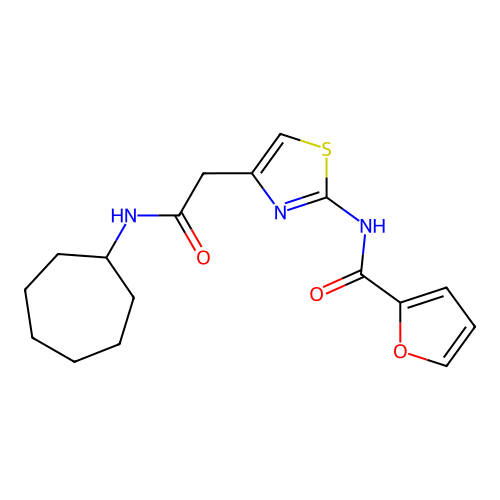 N-(4-(2-(cycloheptylamino)-2-oxoethyl)thiazol-2-yl)furan-2-carboxamide structure