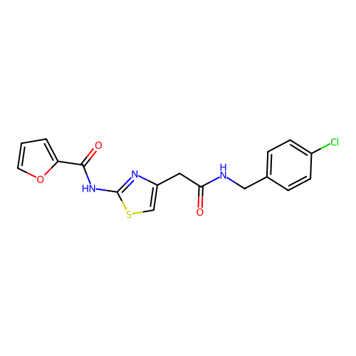N-(4-(2-((4-chlorobenzyl)amino)-2-oxoethyl)thiazol-2-yl)furan-2-carboxamide structure