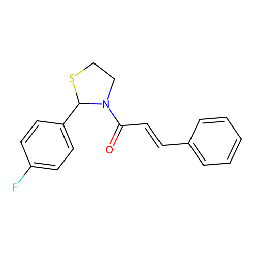 (E)-1-(2-(4-fluorophenyl)thiazolidin-3-yl)-3-phenylprop-2-en-1-one structure