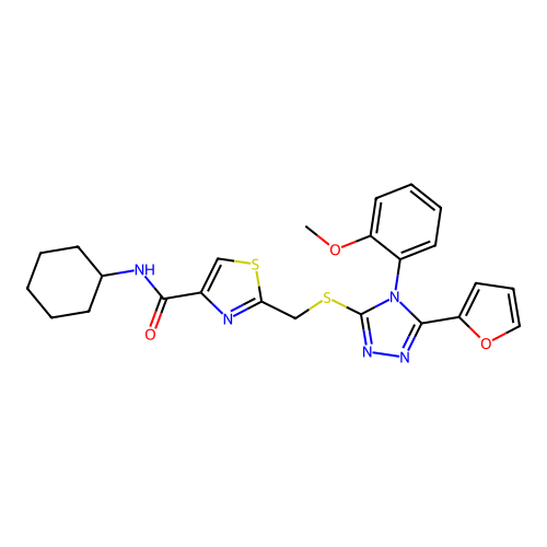 N-cyclohexyl-2-[[5-(furan-2-yl)-4-(2-methoxyphenyl)-1,2,4-triazol-3-yl]sulfanylmethyl]-1,3-thiazole-4-carboxamide structure