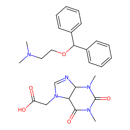 7H-Purine-7-acetic acid, 1,2,3,6-tetrahydro-1,3-dimethyl-2,6-dioxo-, compd. with 2-(diphenylmethoxy)-N,N-dimethylethanamine (1:1) structure