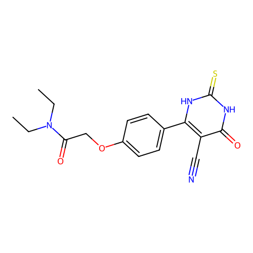 2-[4-(5-cyano-4-oxo-2-sulfanylidene-1H-pyrimidin-6-yl)phenoxy]-N,N-diethylacetamide structure