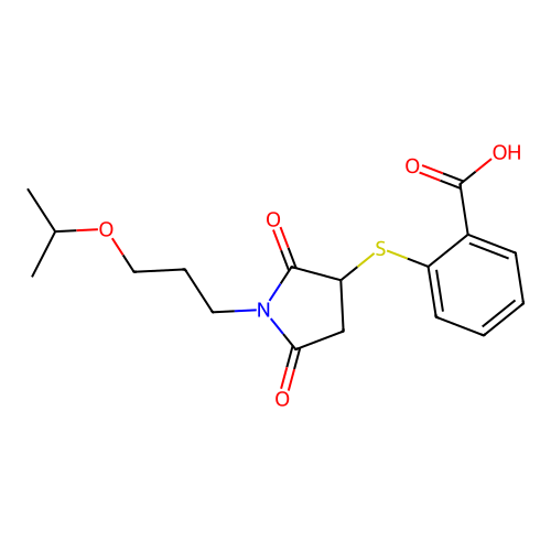 2-((1-(3-Isopropoxypropyl)-2,5-dioxopyrrolidin-3-yl)thio)benzoic acid structure