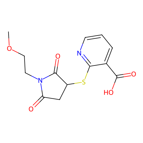 2-((1-(2-Methoxyethyl)-2,5-dioxopyrrolidin-3-yl)thio)nicotinic acid structure