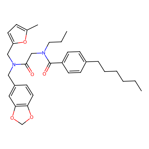 N-[2-[1,3-benzodioxol-5-ylmethyl-[(5-methylfuran-2-yl)methyl]amino]-2-oxoethyl]-4-hexyl-N-propylbenzamide structure