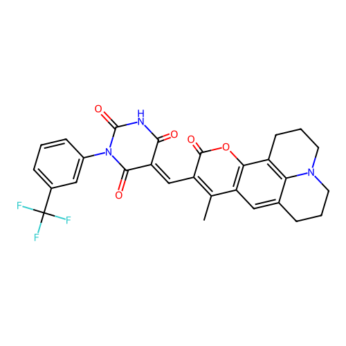 5-((9-methyl-11-oxo-2,3,5,6,7,11-hexahydro-1H-pyrano[2,3-f]pyrido[3,2,1-ij]quinolin-10-yl)methylene)-1-(3-(trifluoromethyl)phenyl)pyrimidine-2,4,6(1H,3H,5H)-trione structure