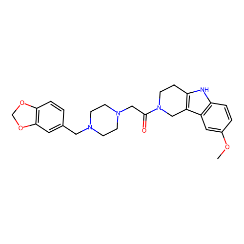 2-(4-(benzo[d][1,3]dioxol-5-ylmethyl)piperazin-1-yl)-1-(8-methoxy-3,4-dihydro-1H-pyrido[4,3-b]indol-2(5H)-yl)ethanone structure