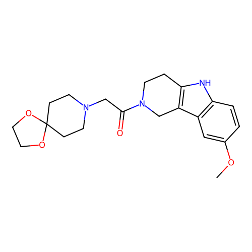 1-(8-methoxy-3,4-dihydro-1H-pyrido[4,3-b]indol-2(5H)-yl)-2-(1,4-dioxa-8-azaspiro[4.5]decan-8-yl)ethanone structure