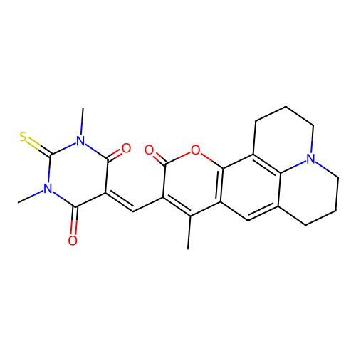 1,3-dimethyl-5-((9-methyl-11-oxo-2,3,5,6,7,11-hexahydro-1H-pyrano[2,3-f]pyrido[3,2,1-ij]quinolin-10-yl)methylene)-2-thioxodihydropyrimidine-4,6(1H,5H)-dione structure