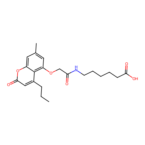 6-({[(7-methyl-2-oxo-4-propyl-2H-chromen-5-yl)oxy]acetyl}amino)hexanoic acid structure