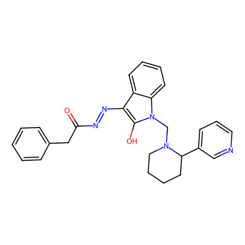 N-[[2-oxo-1-[(2-pyridin-3-yl-1-piperidyl)methyl]indol-3-ylidene]amino]-2-phenyl-acetamide structure