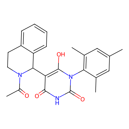 5-(2-acetyl-1,2,3,4-tetrahydroisoquinolin-1-yl)-6-hydroxy-3-mesitylpyrimidine-2,4(1H,3H)-dione structure