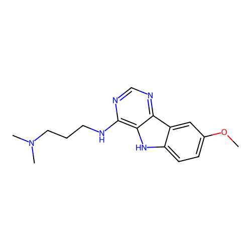 N'-(8-methoxy-5H-pyrimido[5,4-b]indol-4-yl)-N,N-dimethylpropane-1,3-diamine structure
