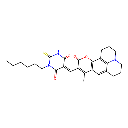 1-hexyl-5-((9-methyl-11-oxo-2,3,5,6,7,11-hexahydro-1H-pyrano[2,3-f]pyrido[3,2,1-ij]quinolin-10-yl)methylene)-2-thioxodihydropyrimidine-4,6(1H,5H)-dione structure