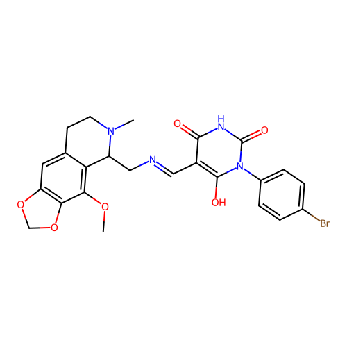 (5E)-1-(4-bromophenyl)-5-({[(4-methoxy-6-methyl-5,6,7,8-tetrahydro[1,3]dioxolo[4,5-g]isoquinolin-5-yl)methyl]amino}methylidene)pyrimidine-2,4,6(1H,3H,5H)-trione structure